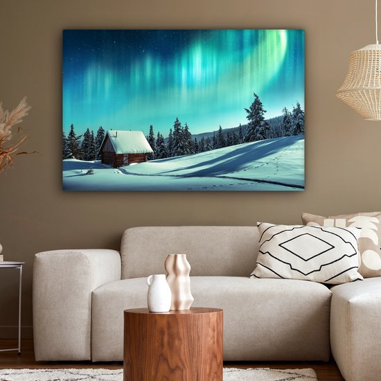 Tableau sur toile Aurores boréales - Neige - Maison - Hiver - 120x80 cm - Décoration murale