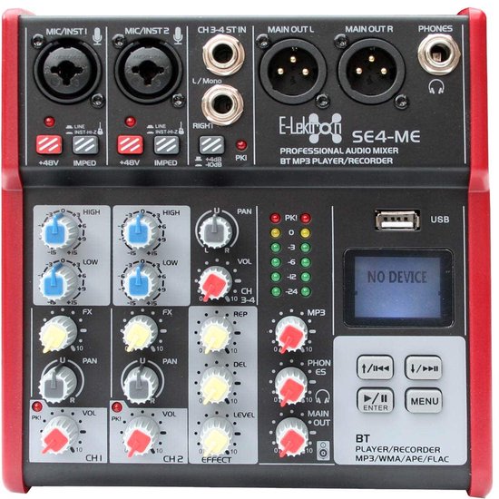 E-Lektron SE-4 mengpaneel van bovenaf gezien, met alle inputs, outputs en bedieningselementen zichtbaar.