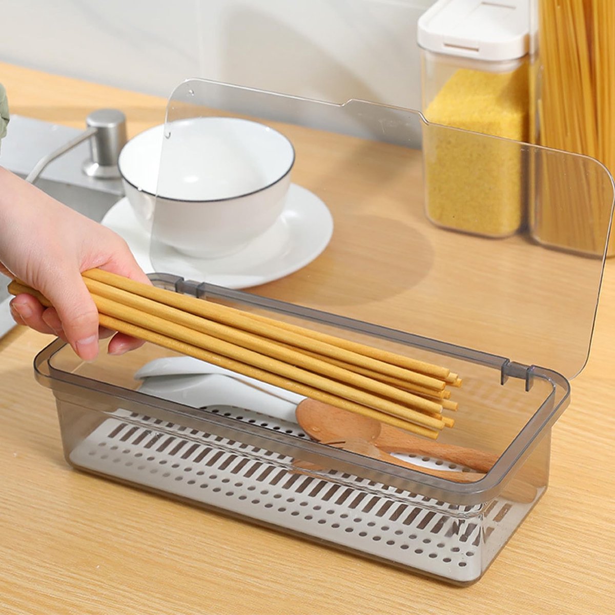 Dailygoods - Dailygoody - Bestekbak - Sneldrogend - Modieus en Stofdicht - Grijs - Opbergcontainer voor Keuken - Fockety - Geschikt voor Bestek en Keukenaccessoires