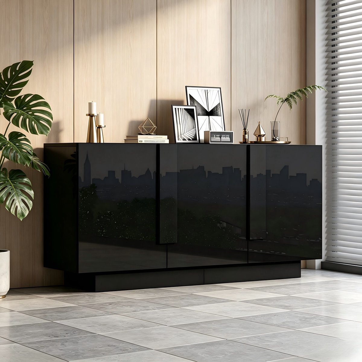 PHOEBE CAT Dressoir - Halmeubel - Hoogglans - 3 deuren - Verstelbare planken - Spaanplaat - Zwart