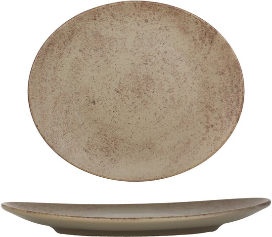 Een grote en een kleine aardewerken schotel, beide met een gespikkeld bruinbeige design.