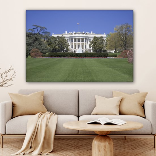 Canvas schilderij 150x100 cm - Wanddecoratie Witte Huis gazon Washington DC - Muurdecoratie woonkamer - Slaapkamer decoratie - Kamer accessoires - Schilderijen op canvas
