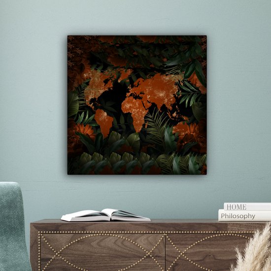 Canvas schilderij 50x50 cm - Wanddecoratie Wereldkaart - Goud - Rood - Muurdecoratie woonkamer - Slaapkamer decoratie - Kamer accessoires - Schilderijen op canvas