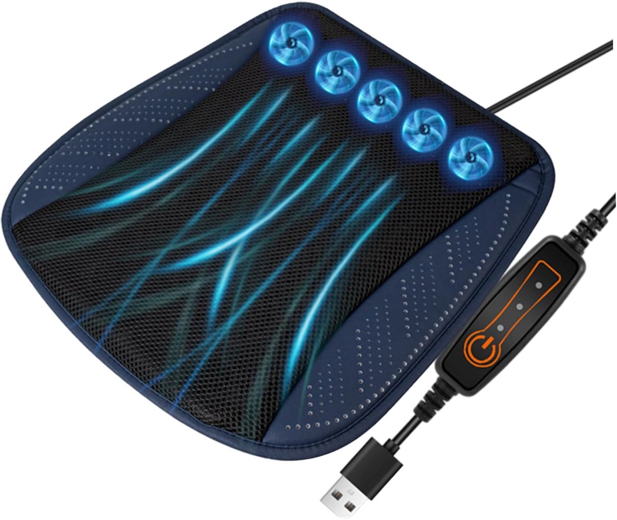 KZQ Autostoelkussen met ventilator - Autostoelkussen - Koelend autostoelkussen - Ademend mesh-kussen - Ingebouwde 5 ventilatoren - 3 snelheidsstanden - USB-voeding - Antislip onderkant - Geschikt voor vrachtwagens en alle soorten voertuigen - Blauw