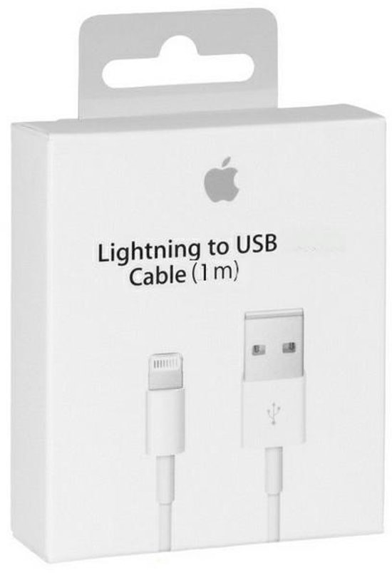 Witte Apple Lightning naar USB-kabel (1m) in verpakking.