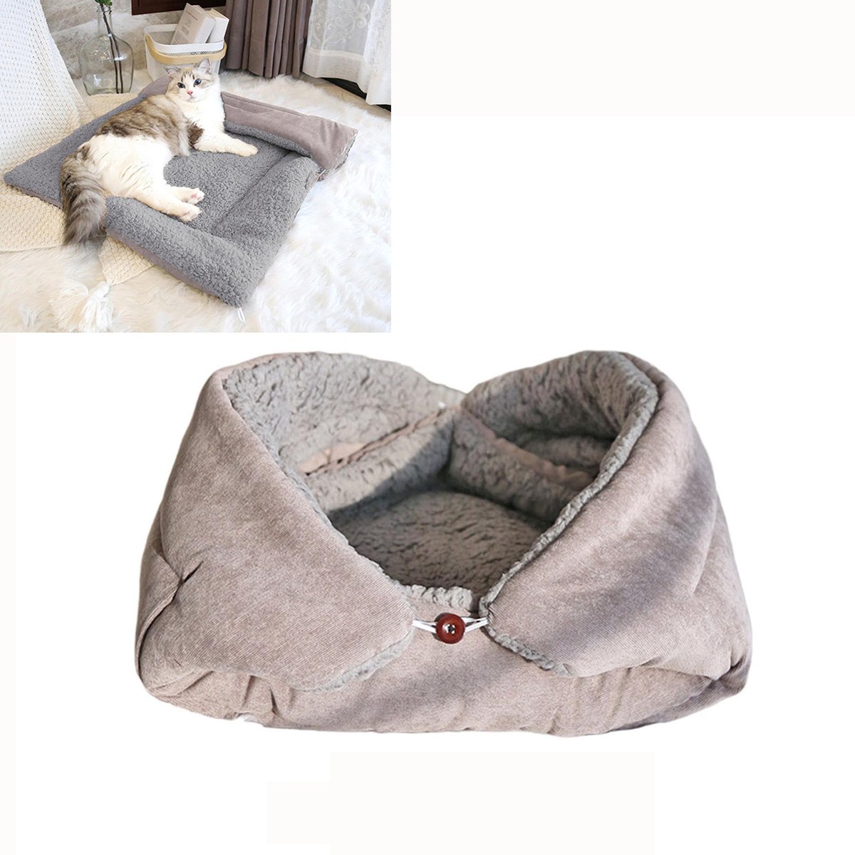 Winterwarm & knus bruin kattenhol – Zachte, met imitatiebont gevoerde en wasbare slaapzak voor huisdieren; ideaal voor de winter, binnengebruik en kittens.