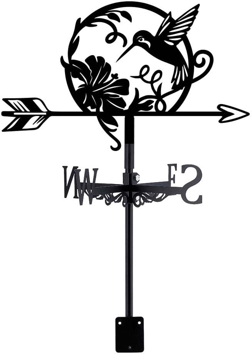 Dailygoods - Dailygoody - Kolibrie Windwijzer - Metalen Weervaan - Tuindecoratie voor Buiten - Zwart - Vogel en Bloemen Design - Perfect voor Tuin en Patio - 35,8