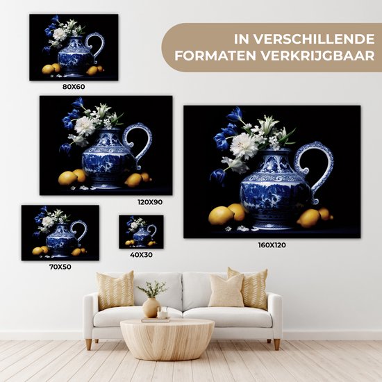 Peinture sur toile Nature morte - Cruche - Bleu de Delft - Fruits - Fleurs - 40x30 cm - Décoration murale