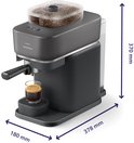 Zwarte Philips Baristina volautomatische espressomachine met afmetingen.