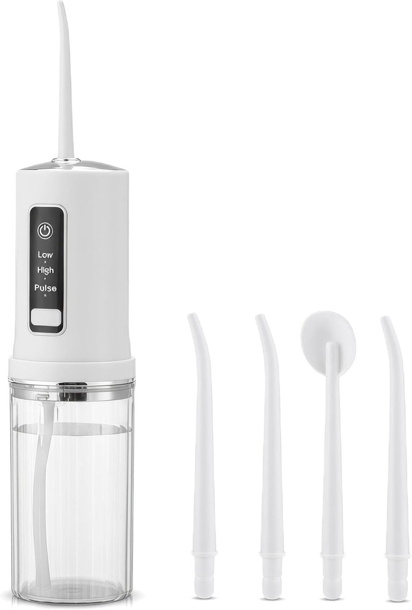 Draadloze monddouche - 240 ml, IPX7 waterdicht, 3 standen (laag/hoog/pulserend), 4 mondstukken die 360° draaien, oplaadbaar via USB – geschikt voor een effectieve reiniging thuis of op reis