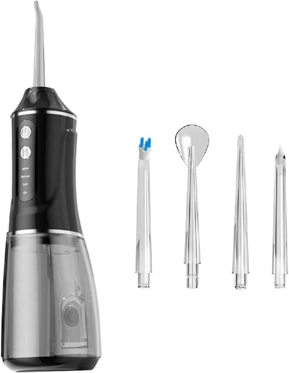 Draadloze elektrische monddouche, 380 ml, elektrische interdentale reiniger, 3 standen en 4 opzetstukken, IPX7 waterdicht geschikt voor de tanden, monddouche geschikt voor mondverzorging en reiniging