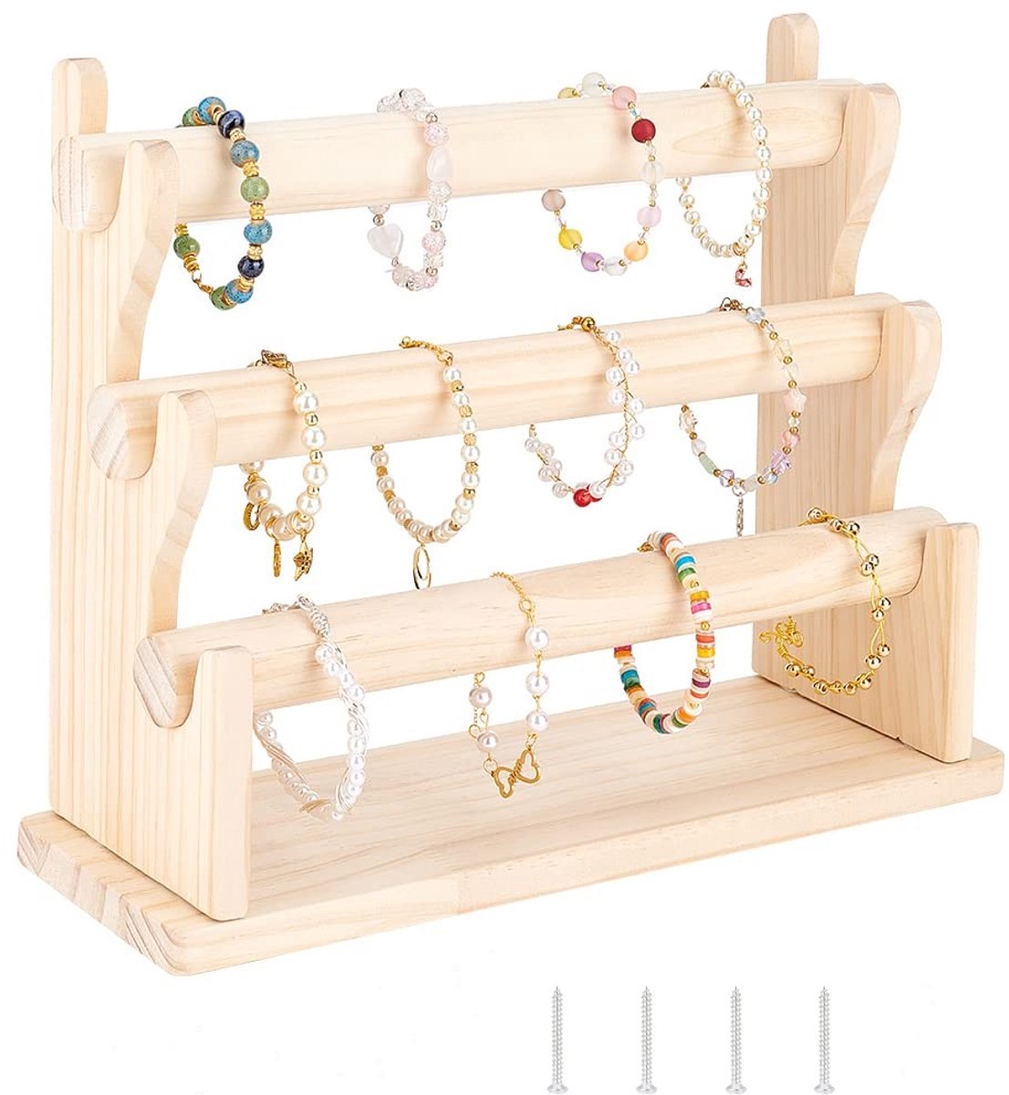 Dailygoody - OmGoods - Dailygoody - Houten Armbandhouder - 3-laags Display Stand - Organiseer Armbanden - Houtkleur - Haartouw Organizer - Voor Dames - 34D x 14,5B x 5,5H cm