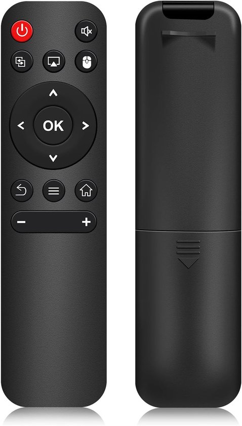Télécommande noire (avant et arrière) avec boutons en caoutchouc et compartiment à piles.