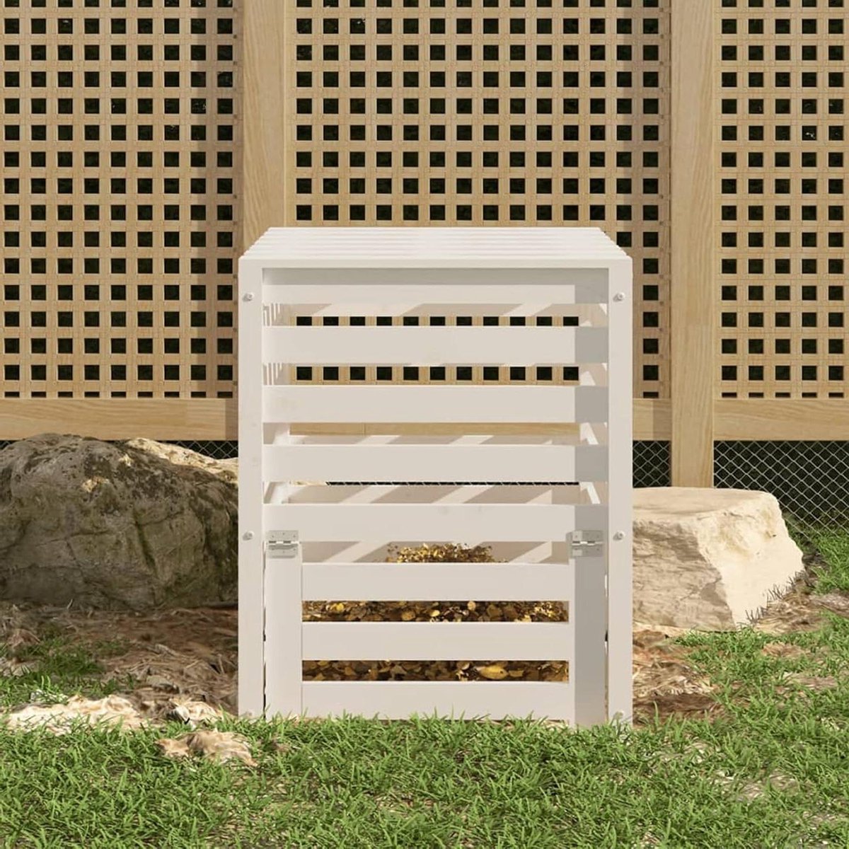 Houten Compostbak - Composteerbak Tuin - Afval Verwerken - Massief Grenenhout - 635 x 635 x 775 cm - Wit