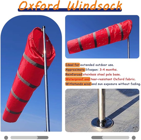 Fluorescerende Windzak - Windsok Indicator - Windrichting Meten - Hoge Zichtbaarheid Reflecterend - 150 cm - Rood — afbeelding 3
