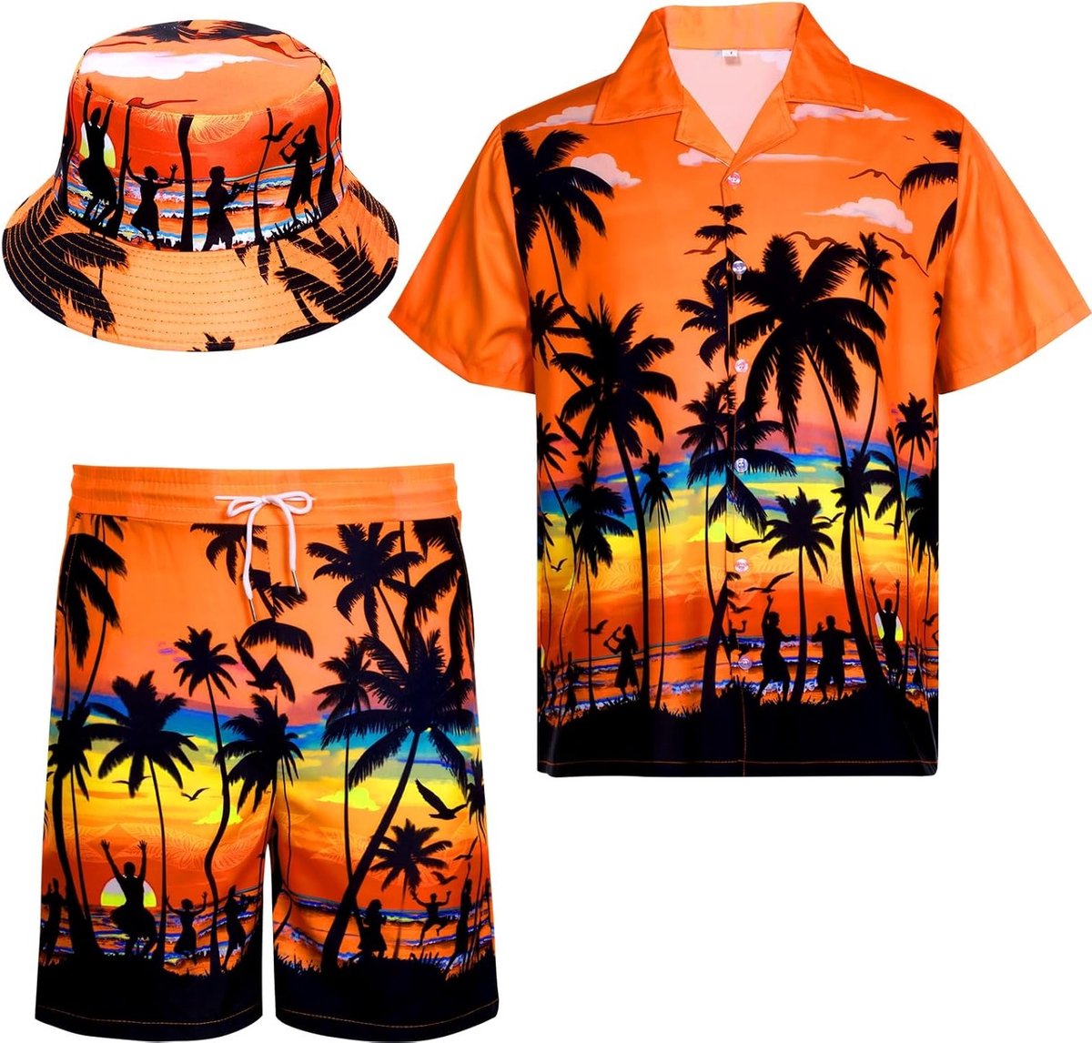 Hawaiiaans Overhemd voor Mannen, Korte Mouwen, Casual Set met Shorts en Vissershoed, Perfect voor Zomer Strandfeesten en Tropische Vakanties