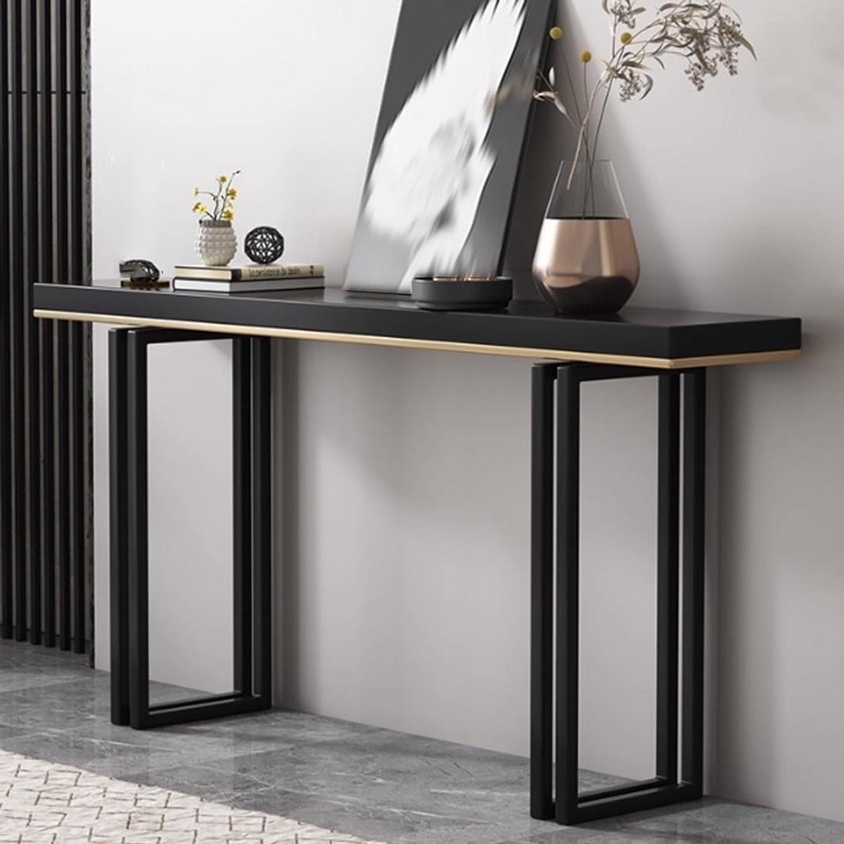 Consoletafel Hout Metaal - Haltafel Bijzettafel - Decoratie en Opbergruimte - Massief Houten Blad 5cm - 80x30x80cm - Zwart