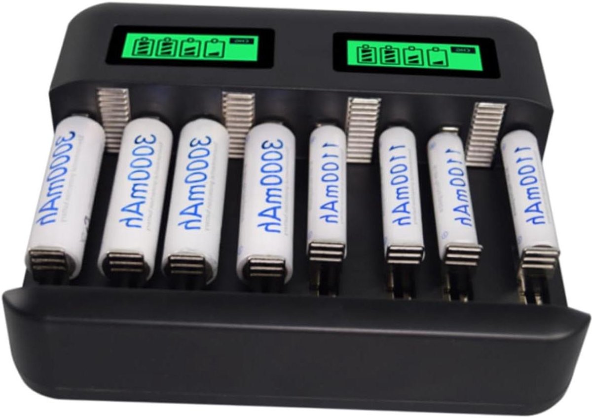 Batterijlader - Universele Lader - Batterijen Opladen - 8 Sleuven - 15 x 12 x 4 cm - Zwart