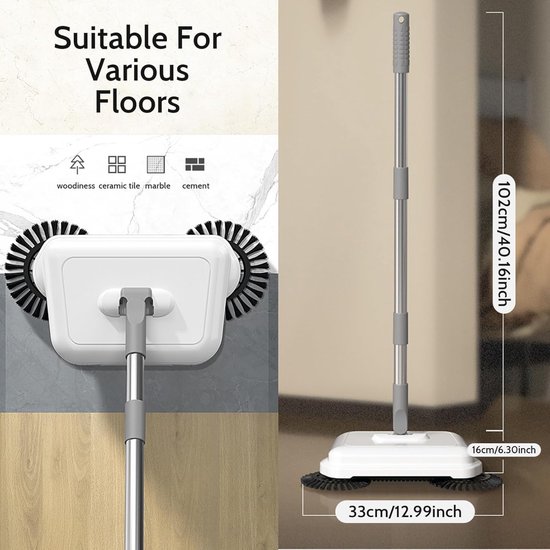 Vloerveger Handmatig - Veegmachine Stofvrij - Efficiënt Schoonmaken - Dubbele Borstel - 102 cm - Wit — afbeelding 4