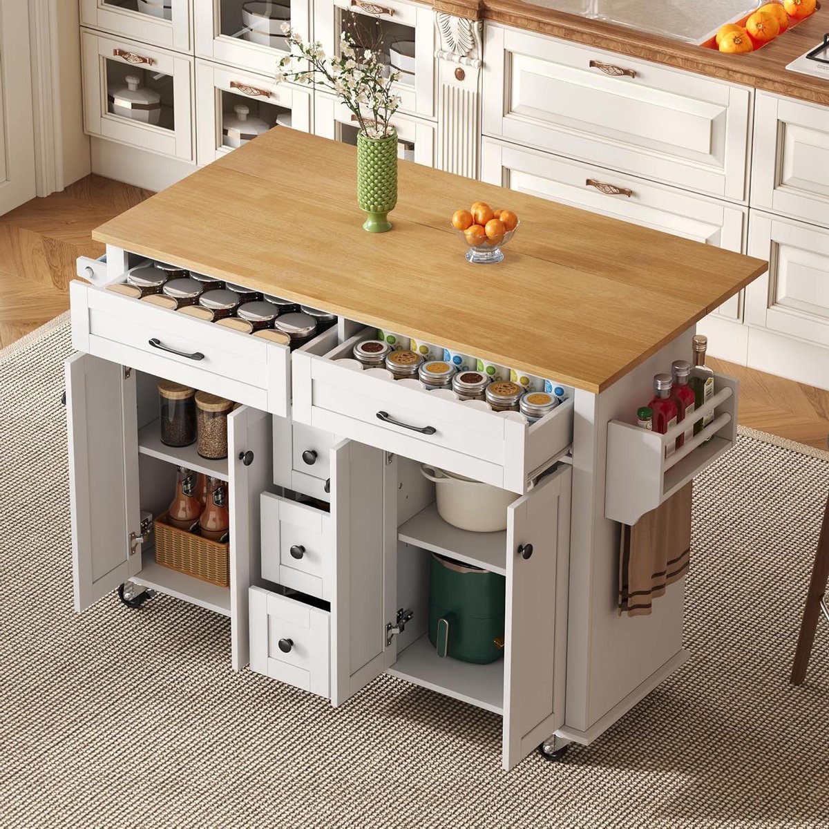 Keukentrolley - Mobiel eiland - Extra werkruimte - Uitklapbaar blad - 140x65x89cm - Wit naturel