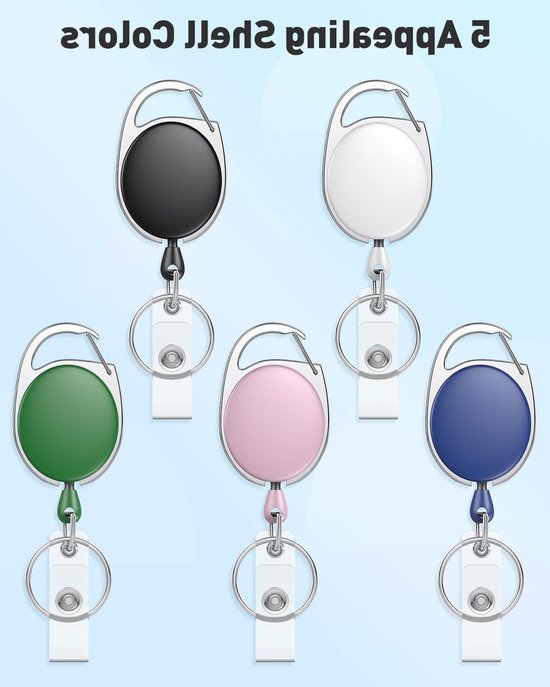 5 Stuks Retractable Badge Reel voor ID Kaart Houder - Stevige Sleutelhanger met Nylon Carabiner en Rvs Veer, Kleurige ABS Behuizing, 60 cm lang — afbeelding 2