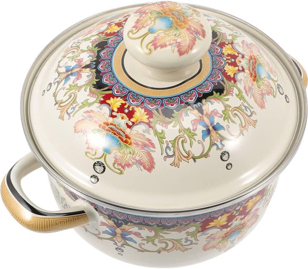 Emaille Braadpan - Soeppan Kookpot - Koken Thuis - Gelijkmatige Verwarming - 22x22x12 cm - Wit Met Bloemenprint