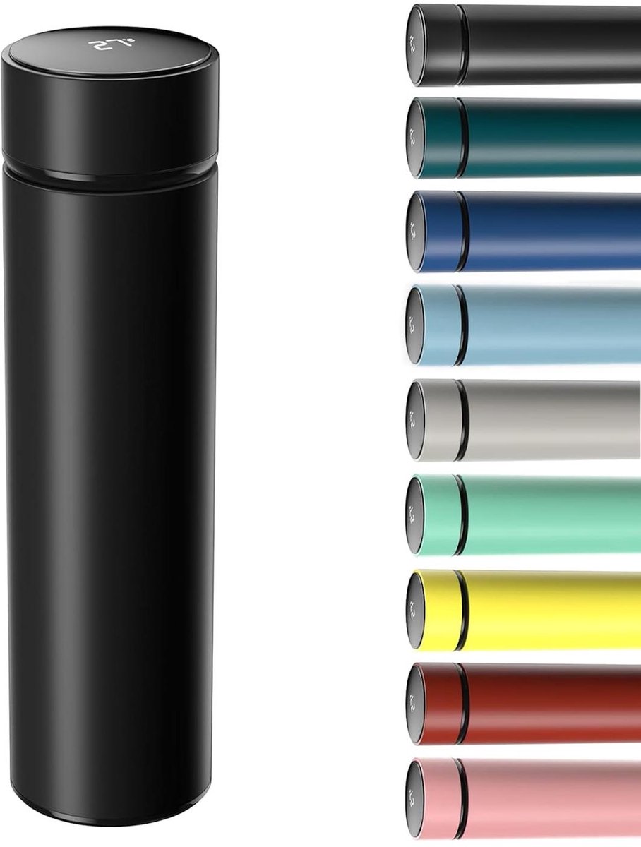 carmdering - Isolatiebeker - Slimme Beker - Temperatuur Beker - Zwart, 500 ml, LED display, dubbelwandig vacuüm - 304 RVS binnen, BPA-vrij - Houdt 6 uur warm en 5 uur koud - Antislip bodem - Perfect voor onderweg