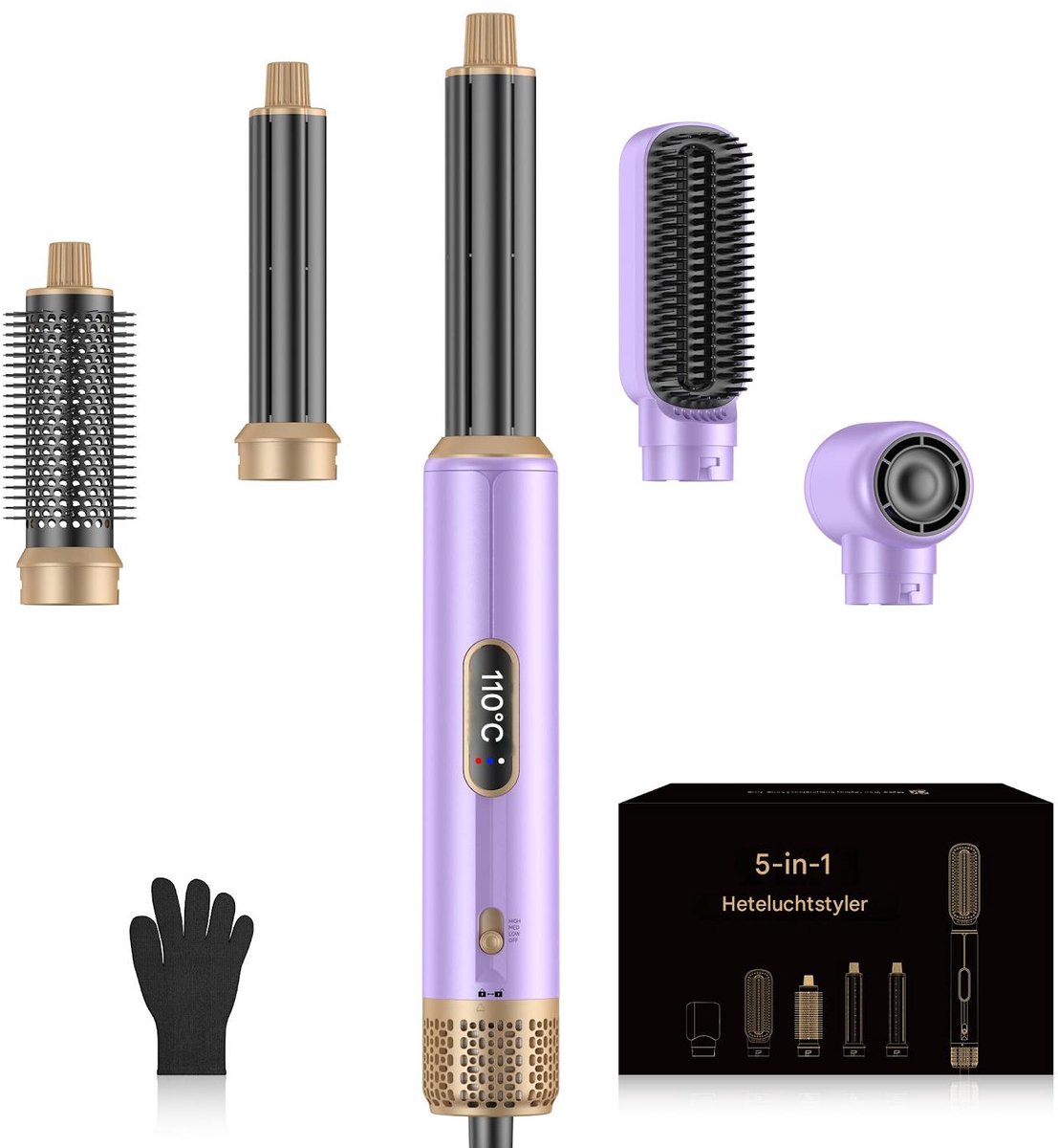 carmdering - Hairstyler - Krultang - Luchtkruller - 5-in-1, 3 temperaturen, negatieve ionen - Met 2 automatische krulkoppen (links/rechts), stijltang en borstels - Alleen 100-120V - Voor alle haartypes - Stijl haar, krullen en volume - Paars