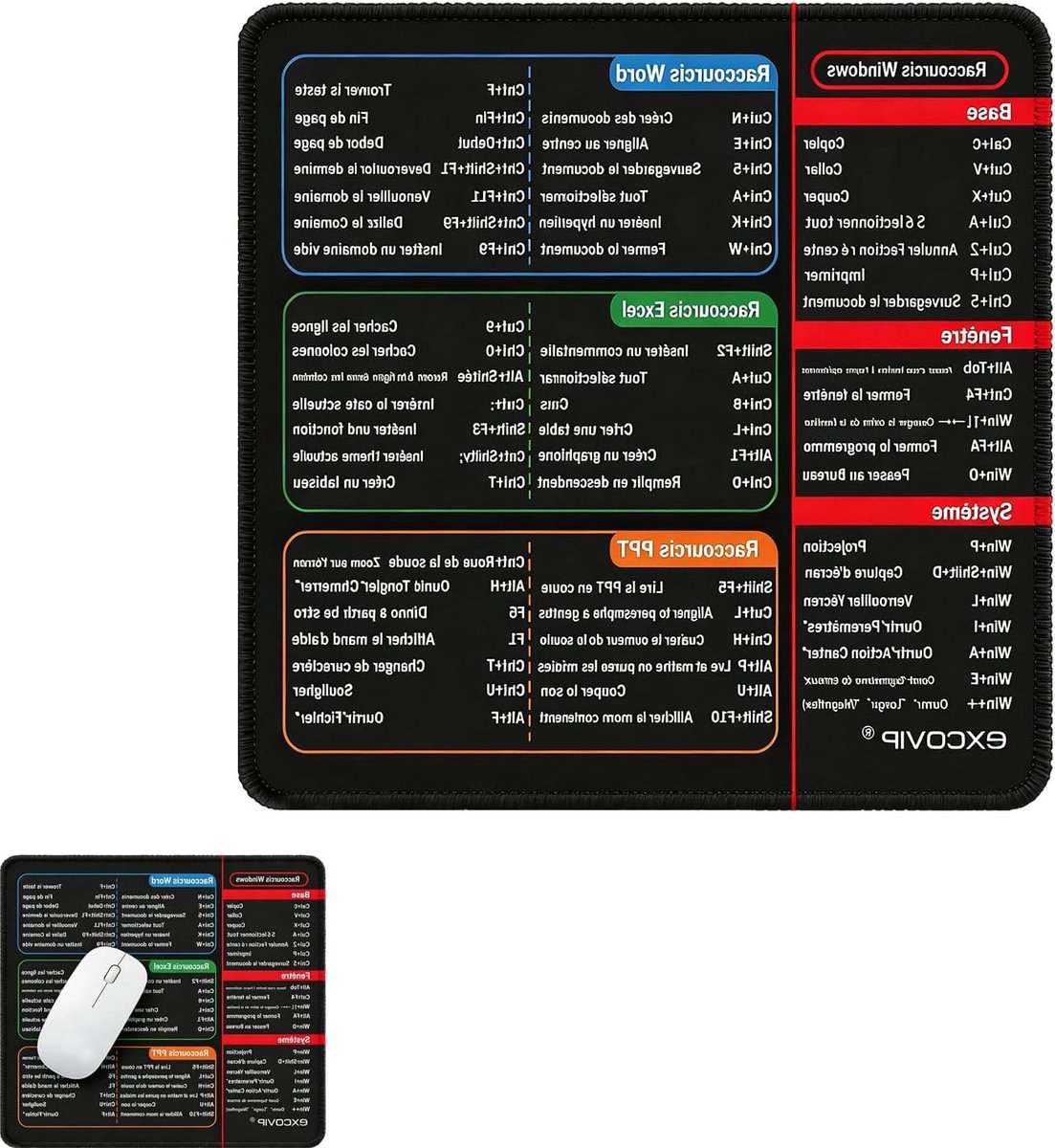 Zwarte muismat met Franse sneltoetsen 25 x 30 cm, antislip polyester voor kantoor en thuis, toetsenbordmat en kantoorartikelen