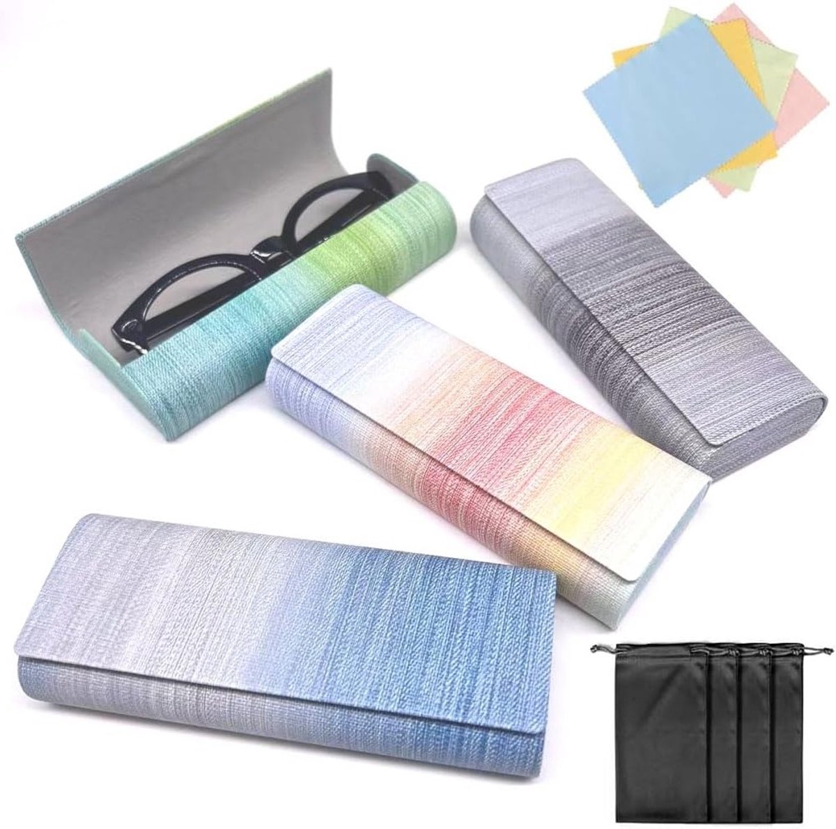 Kleurige hardcase brillenkokers met poetsdoek en trekkoord - Set van 4 opbergtassen voor brillen