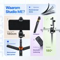 Studio ME statief met telefoon, compacte stick, Bluetooth afstandsbediening en 180cm maximale hoogte. "Waarom Studio ME?"