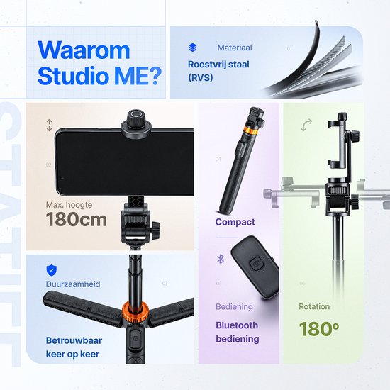 Studio ME statief met telefoon, compacte stick, Bluetooth afstandsbediening en 180cm maximale hoogte. "Waarom Studio ME?"