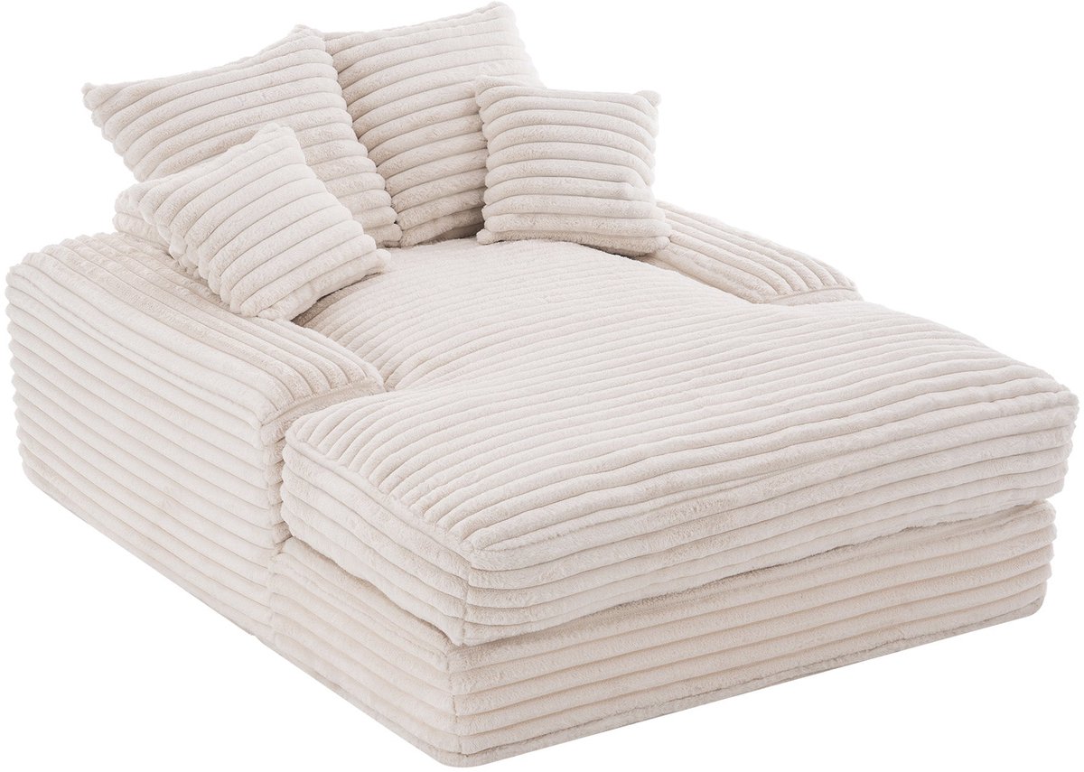 Merax Chaiselongue Slaapbank - Beige Corduroy Lounge Sofa - Relaxbank met 4 Kussens - Geen Montage Nodig - Zachte Ligbank voor Woonkamer - Appartement - Slaapkamer