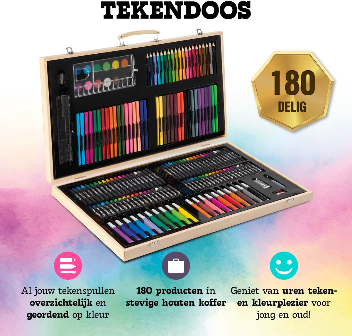 Tekendoos voor Kinderen 180pcs - Kleurkoffer - Kleuren & Tekenen - Geschikt voor Kinderen en Volwassenen - Inclusief Stiften, Kleurpotloden, Verf, en meer — afbeelding 5