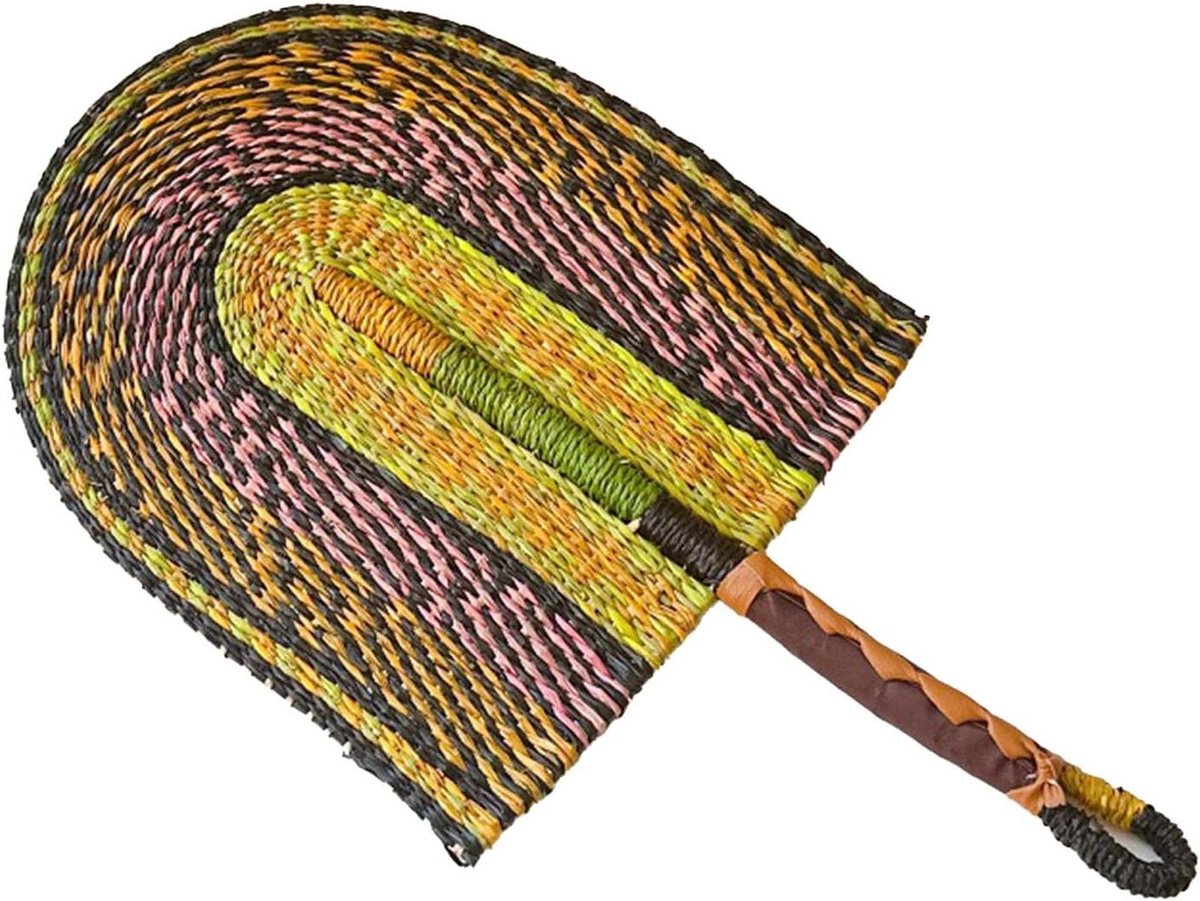 Stro Ventilator - Handgeweven Waaier - Koelte Creëren - Exotisch Design - Groot Formaat - Roze Geel