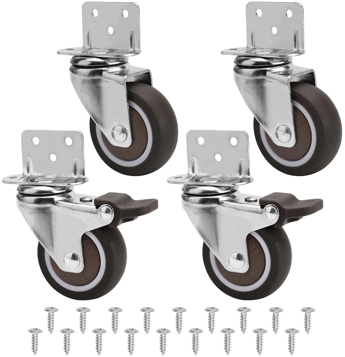Duurzame 50 mm meubelwielen met stevige montageplaat, zware belasting tot 115 kg, wielen voor meubels met 2 remmen en 2 zonder, ideaal voor gebruik bij meubels, bloemenstand en salontafels.
