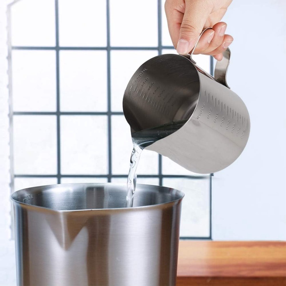 Koffiekan Roestvrij Staal - Melkopschuimkan Maatbeker - Koffie Maken - Met Maat Markeringen - 1000 ml - Zilver