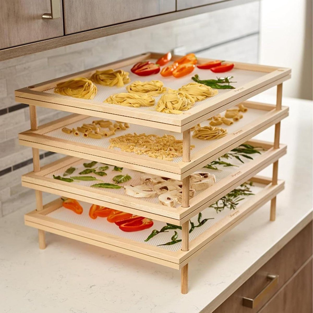 Houten Pasta Droogrek - Voedseldroger Standaard - Pasta Drogen - Verbeterde Luchtstroom - 39x24.5x1.8cm - Houtkleur