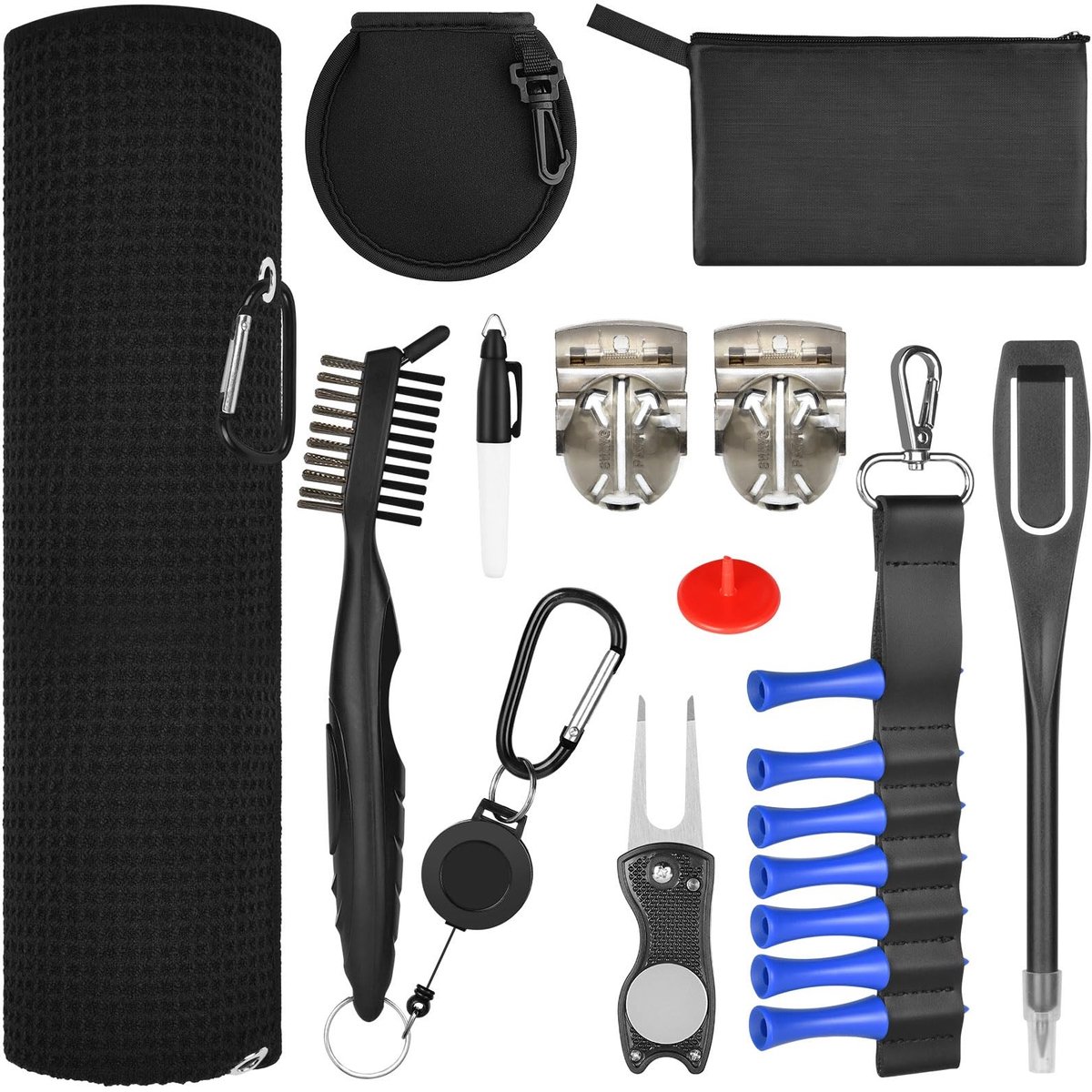 Dailygoody - Golfaccessoires - Golfhanddoek met clip - Opvouwbaar divot-reparatiegereedschap - 18 stuks - Golfmarker en schoonmaakset - Geschikt