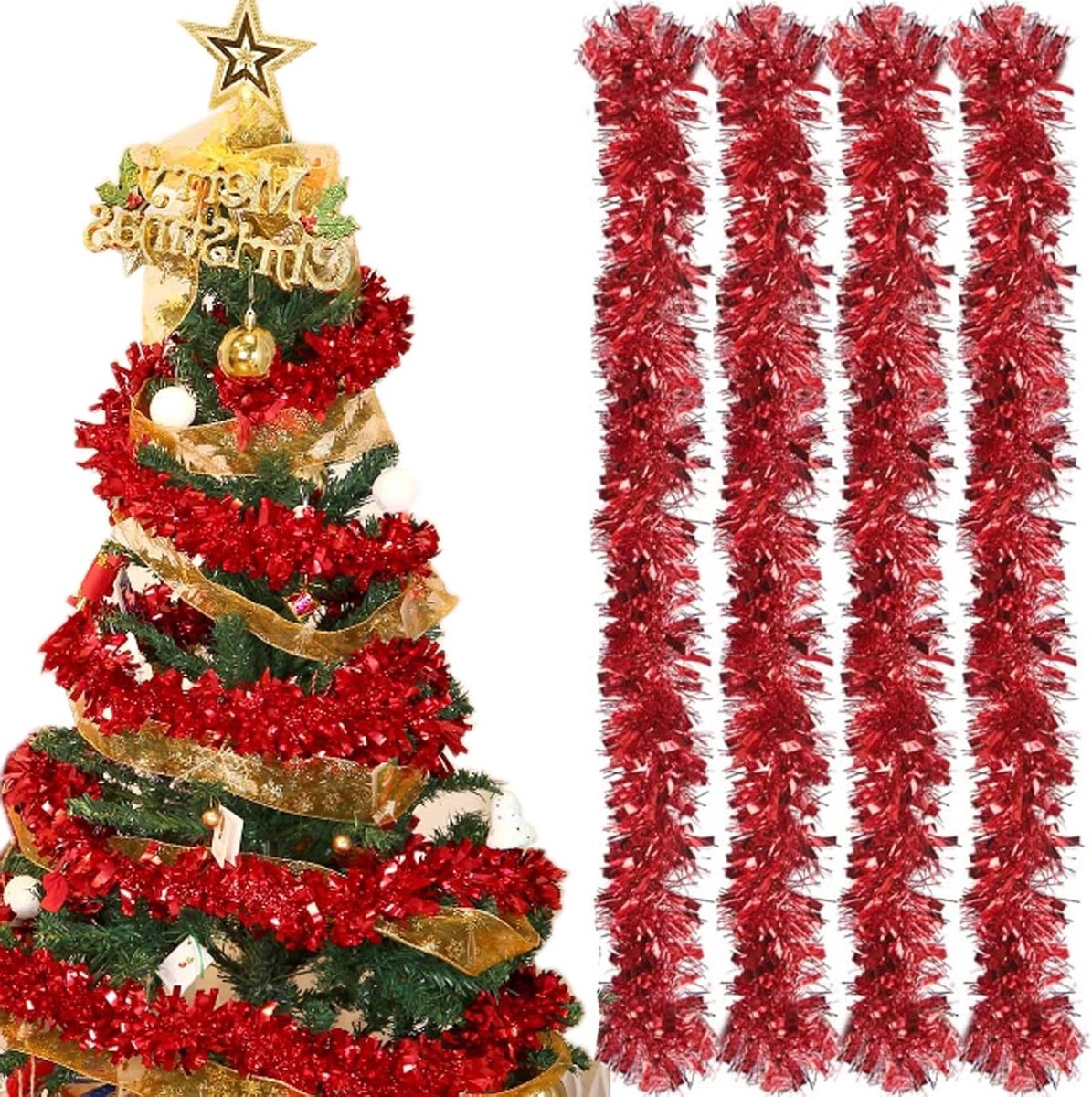 Kerstversiering met 4 Stukken Lametta Girlanden, 2m Glanzende Ornamenten voor de Kerstboom, Perfect voor Feestdagen en Kerstfeesten