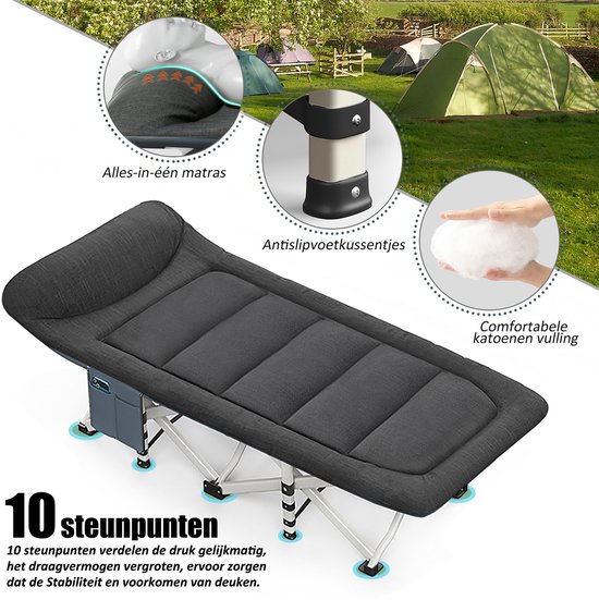CALIYO Veldbed - Campingbed - Opvouwbaar Logeerbed met Kussen - 200x80 cm - Draagvermogen 200 kg - Comfortabel & Stevig Veldbed-zwart — afbeelding 2