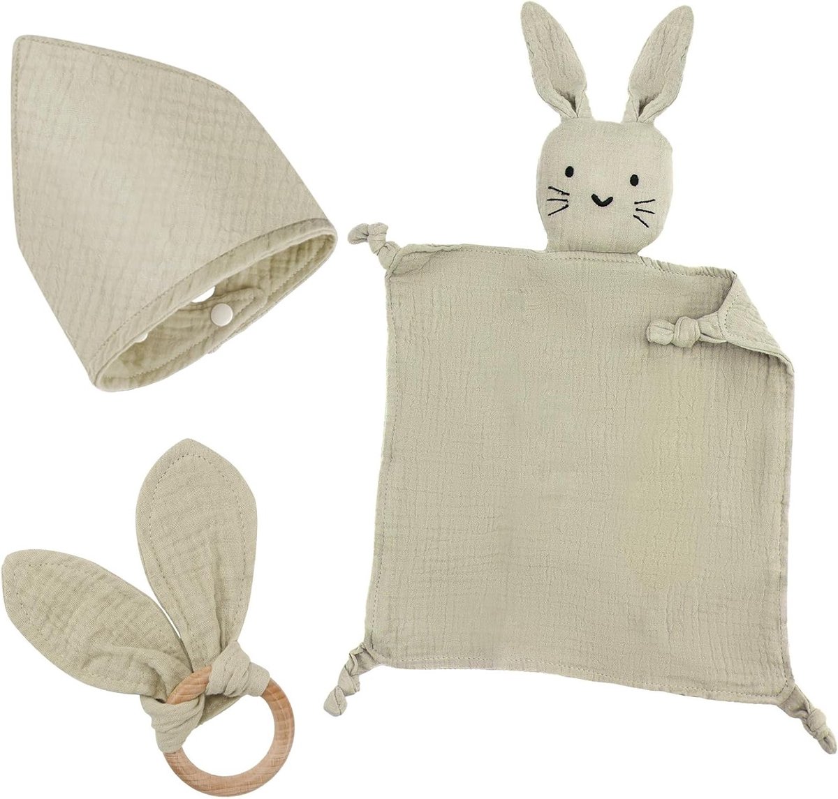 Luxe 3-delige Baby Cadeauset voor Pasgeborenen met Knuffeldoek, Houten Bijtring en Slabbetje in Khaki voor Baby Showers en Geboortes