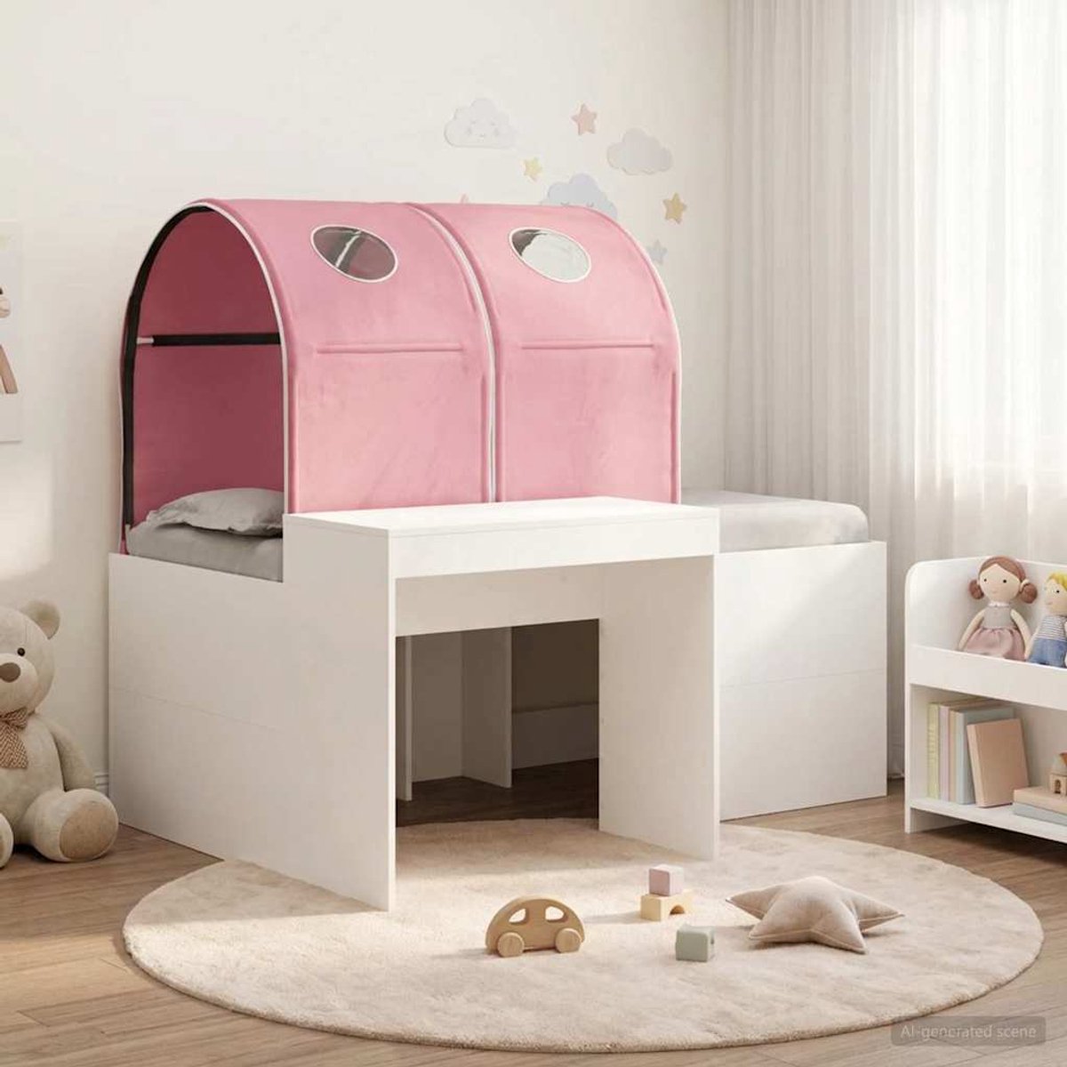 vidaXL Bed - met - Tunnel - 3 - st - Wit - en - Roze - Bewerkt - hout Wit en roze