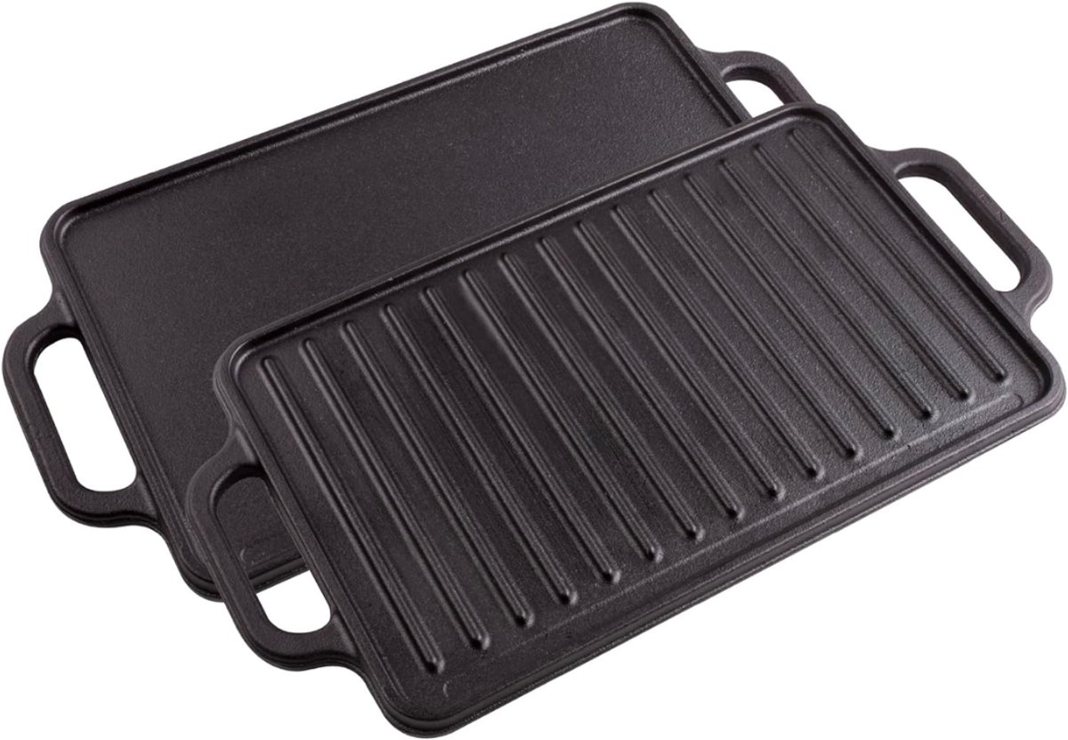 Grillplaat Inductie - Emaille Gietijzeren Grillplaat - Inductie Grillpan - 33 X 21 Cm - Dubbelzijdig Bruikbaar - Voor Vuur - Grill - Oven - Vitrokeramiek - Gas - Zonder Schadelijke Stoffen En PTFE