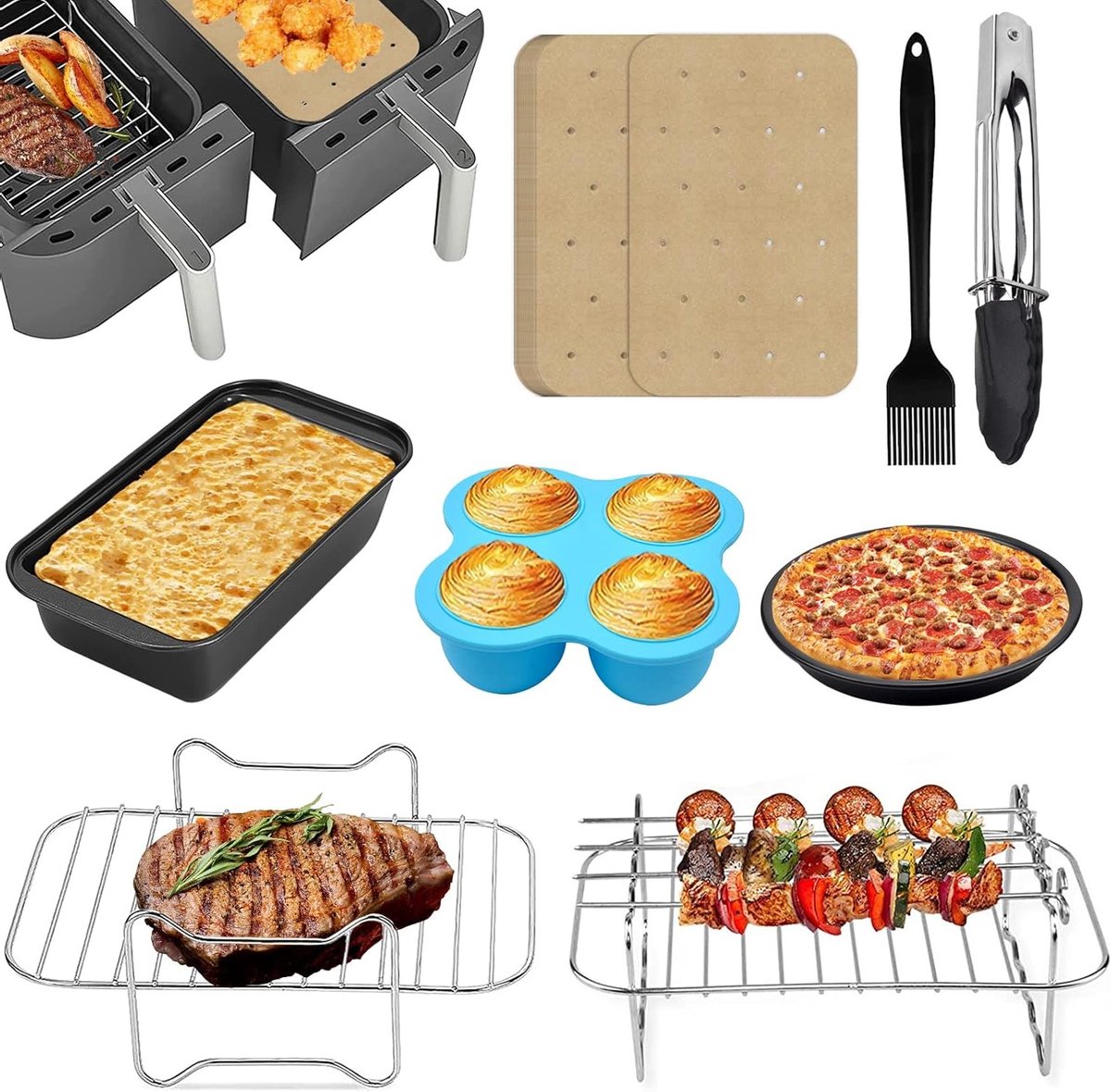 Dubbele Airfryer Accessoires Set van 8 Stukken, Antiaanbak Bakken voor Ninja Foodi en Instant Vortex, Geschikt voor Dual Zone Airfryers en Gezond Koken