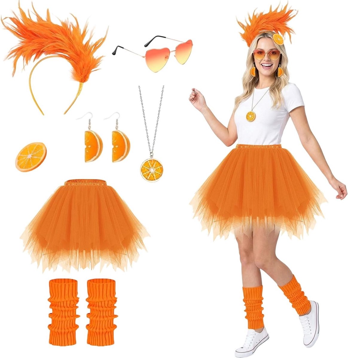 Oranje Tulle Rok voor Vrouwen met Hoofdband, Verenketting en Oorbellen voor Carnaval en Feestjes