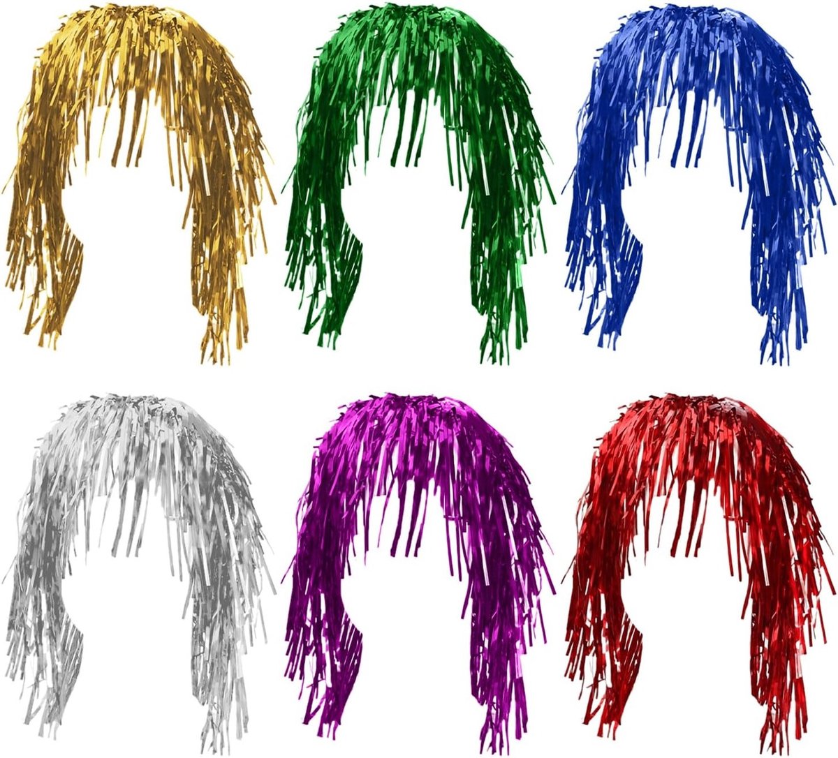 Set van 6 Glitter Wigs van Lametta, Kleurrijke Kostuumperruques voor Halloween, Feest, Cosplay en Foto Props