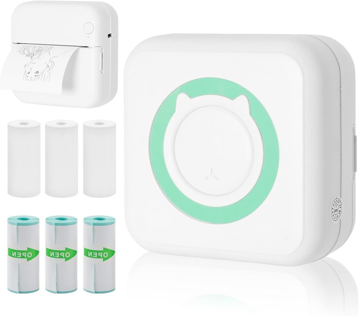 Draagbare Mini Thermische Printer zonder Inkt, Bluetooth Verbinding, Inclusief 3 Rollen Stickers en 3 Rollen Thermisch Papier voor Memo's, DIY Projecten en Foto's