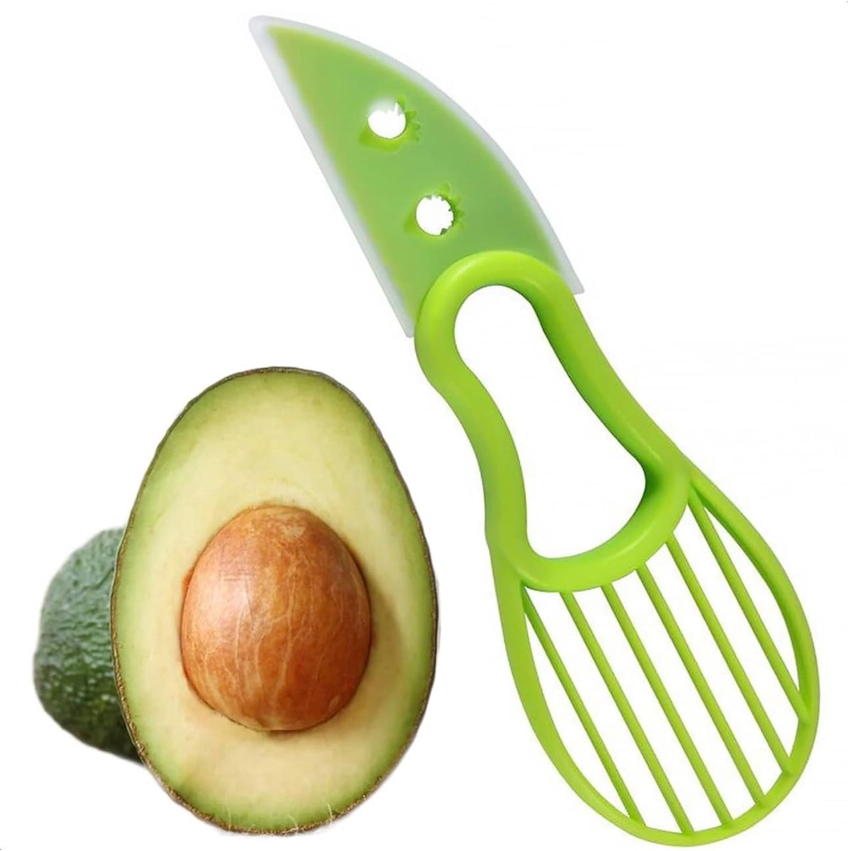 Daity 1 Stuk - 3-in-1 Avocadotool – Moeiteloos snijden, ontpitten en uitscheppen – Keukenhulpje voor Hass-avocado's – Eenvoudig in gebruik, kunststof avocadomes, groen – Onmisbaar accessoire voor avocado's!