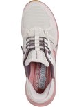 Bovenaanzicht van een lichtbruine Skechers instapper met roze accenten en 'Slip-ins' logo.
